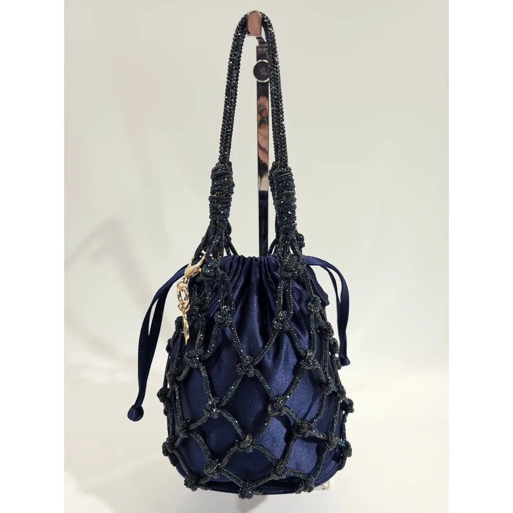 Judith Leiber Couture Sparkle Net Pouch Bag Bucket Navy Satin Mesh Evening EUC